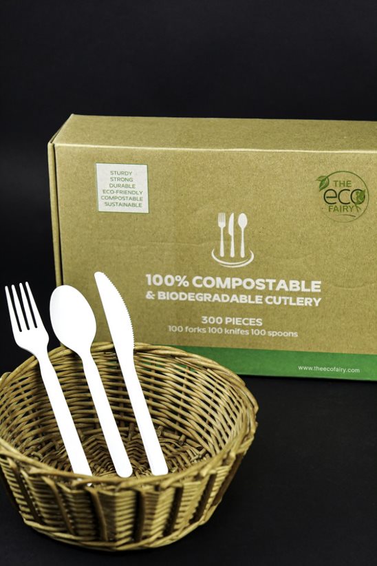100% Eco-Friendly Compostable Cutlery Set - - 300 pieces (100 Forks | 100 Spoons | 100 Knives)